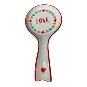 Spoon Rest "LOVE" White with Multicolor Rainbow Hearts, Ceramic